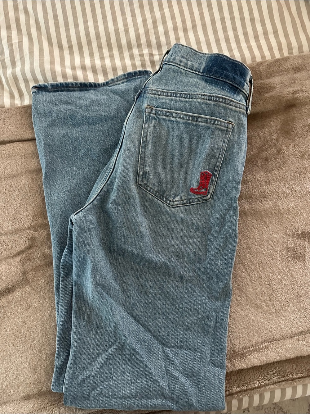 Abercrombie & Fitch Light Blue Denim Jeans with Red Boot Accent